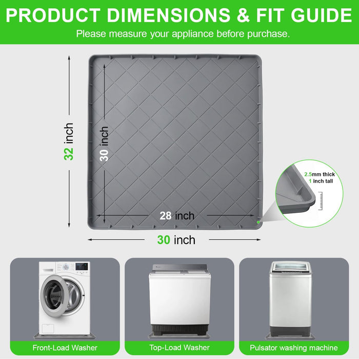 Washing Machine Pan, Drain Pan & Drip Pan, 30"x32" Thickened Silicone Mat with 1" Raised Edge, Non-Slip & Waterproof, Fo