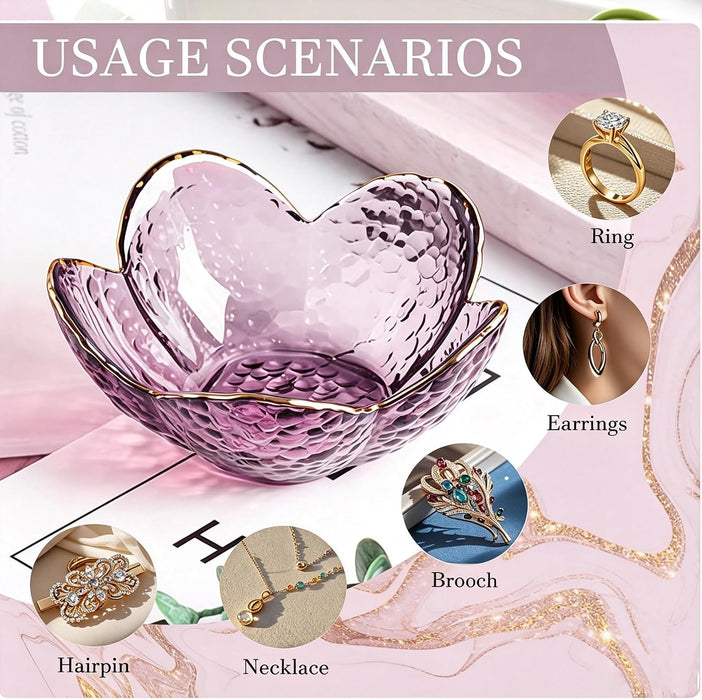 Purple Flower Jewelry Dish Glass Ring Holder Dish Jewelry Tray Cute Vanity Organizer Aesthetic Nightstand Bathroom Room 