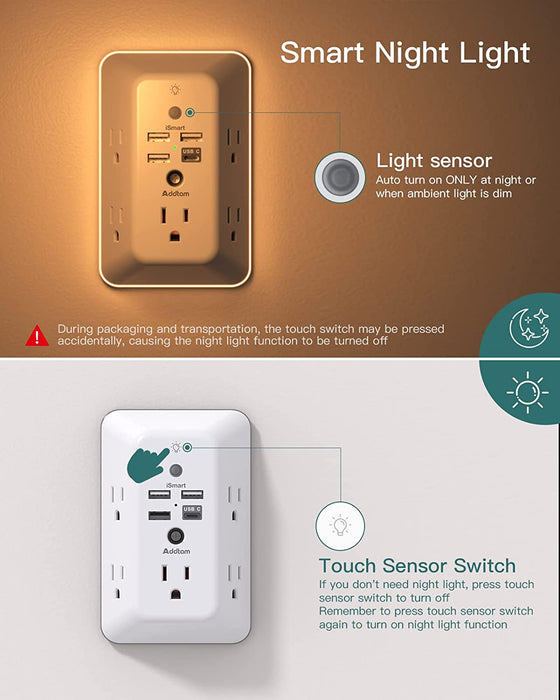 Surge Protector, 5 Outlet Extender with Night Light and 4 USB Ports