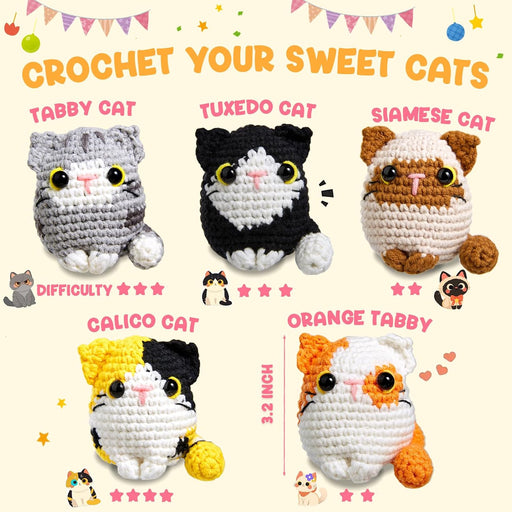 Crochet Kit for Beginners, 5 Cat Crochet Amigurumi Craft Kit