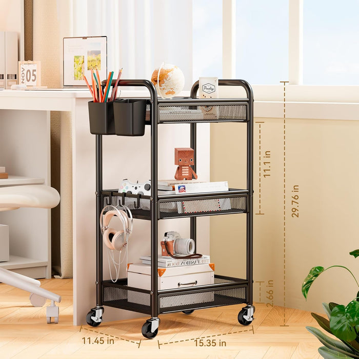 3 Tier Metal Rolling Cart, Black Utility Storage Cart with Wheels