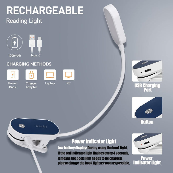Rechargeable Book Light, 14 LEDs Eye Care Clip On Amber Reading Light for Bookworms Reading in Bed with 9 Colors 9 Brightness (White-Blue)