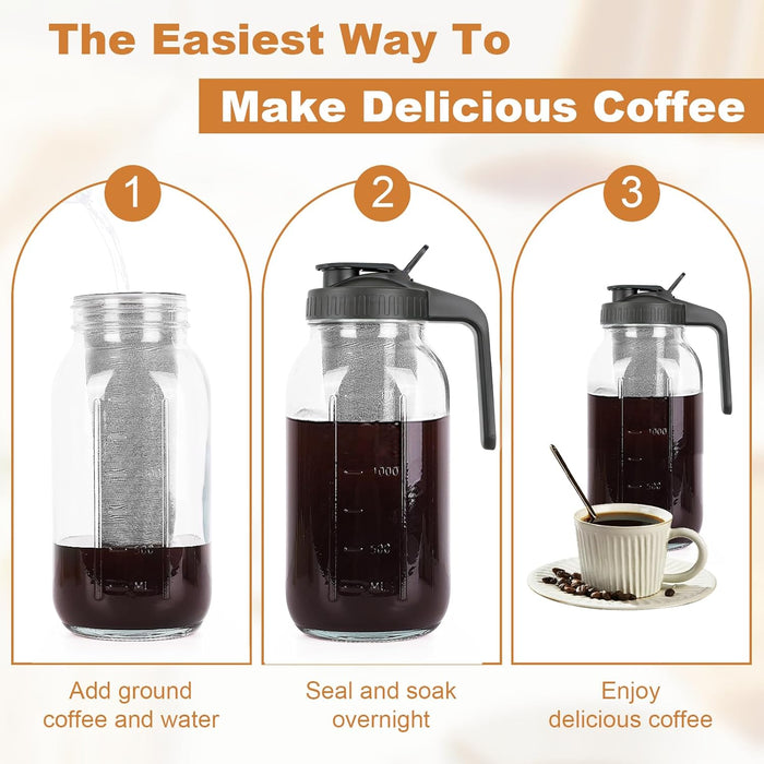 Cold Brew Coffee Maker, 64 oz Mason Jar Pitcher with Stainless Steel Filter, Pour Spout Handle Lid, Airtight & Leak-Proo