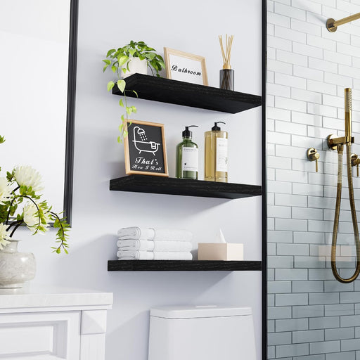 Black Floating Shelves 15.7in, Set of 3, Wall Mount Rustic Wood Shelf