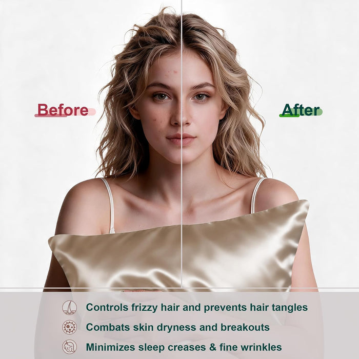 Silk Pillow Cases Standard Size with Hidden Zipper, Champagne