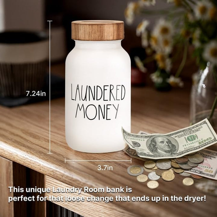 Laundry Room Decor & Organization - Premium Matte White Glass Coin Bank with Wood Lid - Rustic Farmhouse Money Jar for L