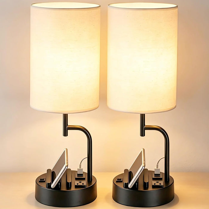 2 Pack Table Lamp, Bedside Lamp with 3 USB Charging Ports & AC Outlet, USB Desk Lamp with 2 Phone Holders, Linen Fabric 