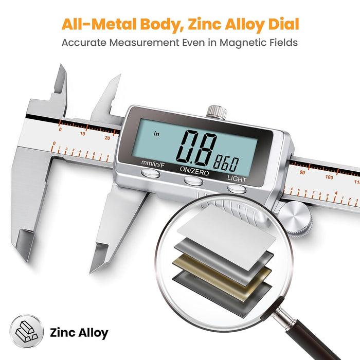 Digital Caliper 6 Inch, Rechargeable All Metal W/Backlight Screen