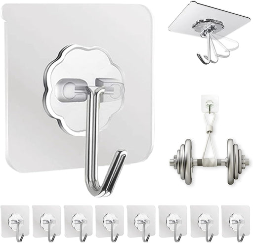 Adhesive Wall Hooks Clear 50lb(Max) Heavy Duty Hanging Sticky-10 Pack