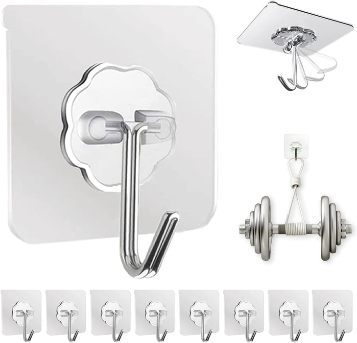 Adhesive Wall Hooks Clear 50lb(Max) Heavy Duty Hanging Sticky-10 Pack