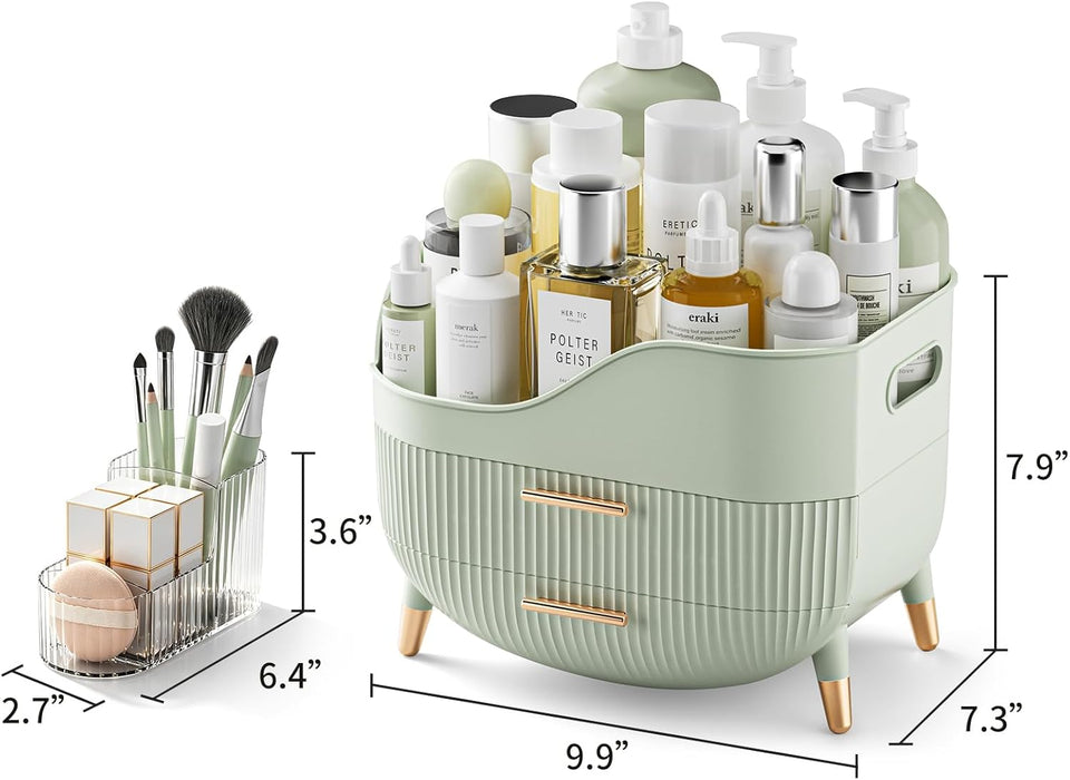Makeup Organizer with Drawers, Green Skincare Organizer for Vanity, Storage Box with Handle, Large Cosmetic Display Case