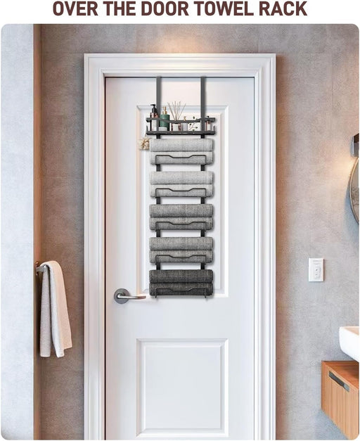 Hanging Towel Racks for Bathroom No Drill - 6-Tier Over The Door Bath Towel Storage Organizer for Small Bathrooms - Tiered Back of Door Towel Holder Hanger for Rolled Towels RV Camper Black