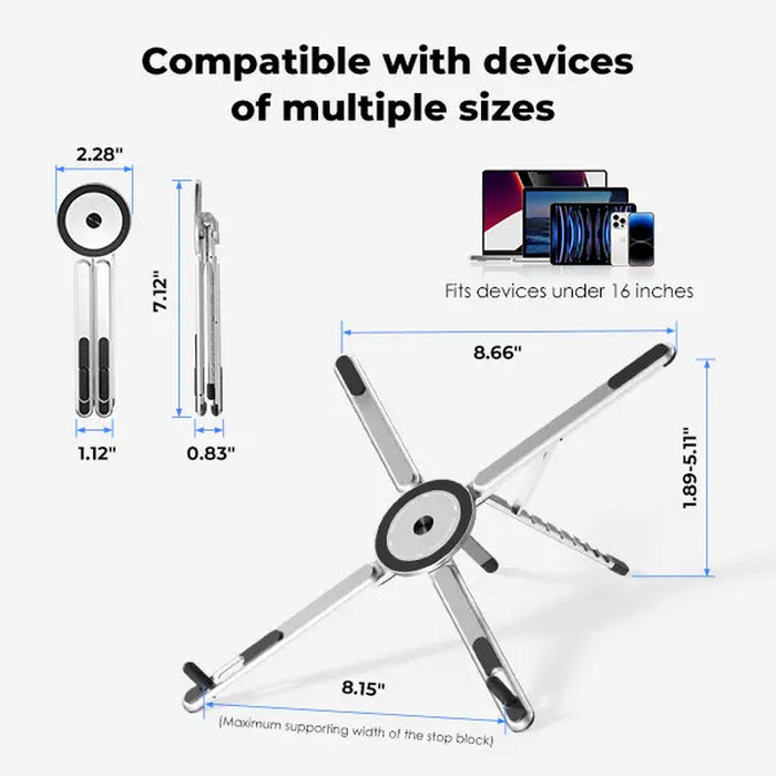 Viozon Ergonomic Portable Laptop Stand for Desk - Foldable Adjustable Aluminum PC Riser with Magnetic Phone Holder, Work & Office Accessories for Home Office (10-16” Laptops, 4-13” Phones/Tablets, Silver)