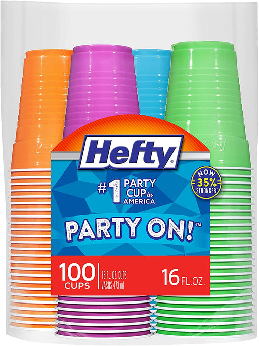 Party On Disposable Plastic Cups, Assorted, 16 Ounce, 100 Count