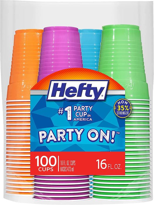 Party On Disposable Plastic Cups, Assorted, 16 Ounce, 100 Count