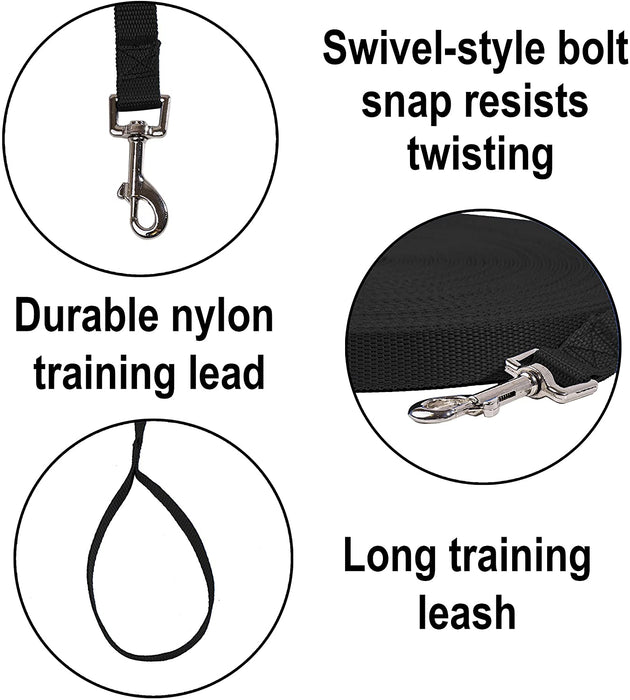 Dog/Puppy Obedience Recall Training Agility Lead - 15ft 20ft 30ft 50ft 100ft Training Leash - Great for Play, Camping, or Backyard - Black 20ft