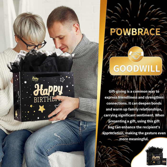 13" Birthday Gift Bag with Tissue Paper & Card(1 Pack Black Gold)