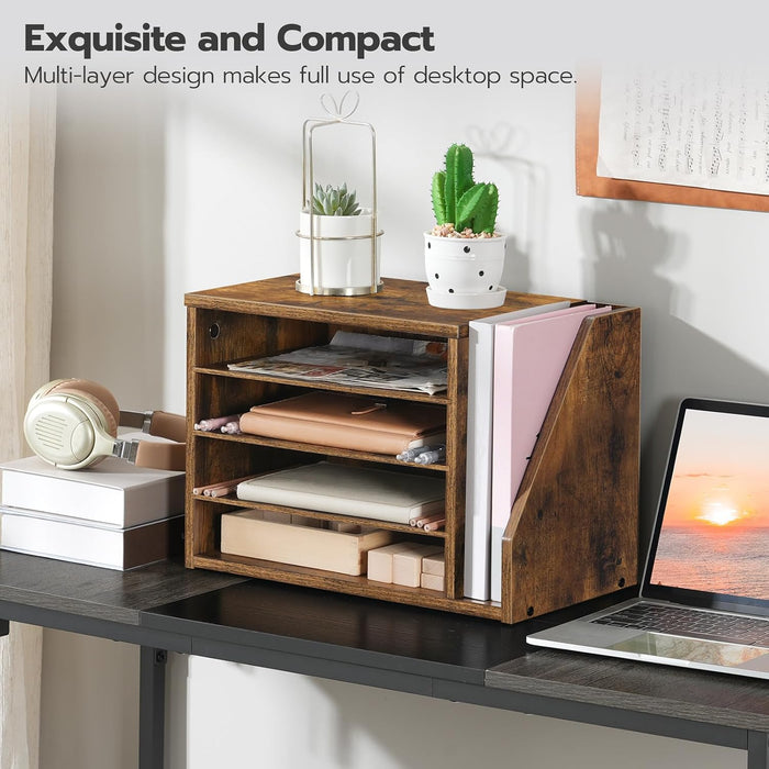 Mail Sorter, Literature Organizer with Adjustable Shelves, Paper Organizer for Office, Home, Wood Countertop File Holders, Mails, Magazines, Rustic Brown FG41WF01