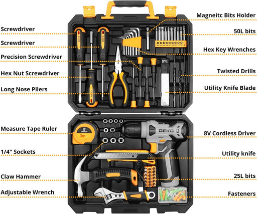 Tool Set：Tool Kit with 8V Cordless Drill,Tool Box with Drill,Hand Drill Set for Men & Women,Home Tool Kits for House Rep