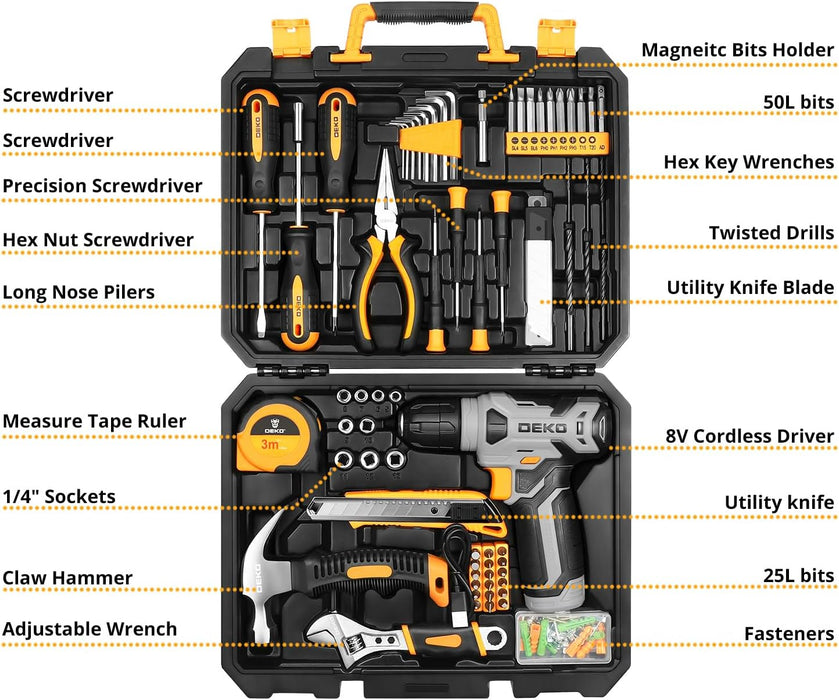 Tool Set：Tool Kit with 8V Cordless Drill,Tool Box with Drill,Hand Drill Set for Men & Women,Home Tool Kits for House Rep