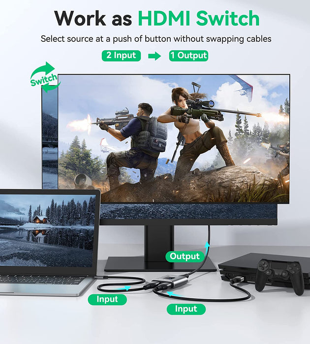 HDMI Switch 4k@60hz Splitter,  Aluminum Bidirectional HDMI Switcher 2 in 1 Out, Manual HDMI Hub Supports HD Compatible with Xbox PS5/4/3 Blu-Ray Player Fire Stick Roku