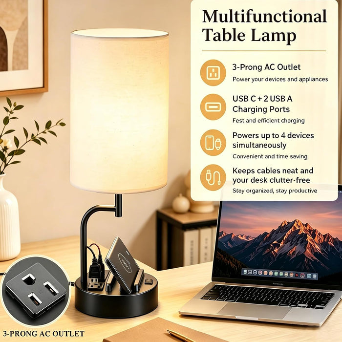 2 Pack Table Lamp, Bedside Lamp with 3 USB Charging Ports & AC Outlet, USB Desk Lamp with 2 Phone Holders, Linen Fabric 
