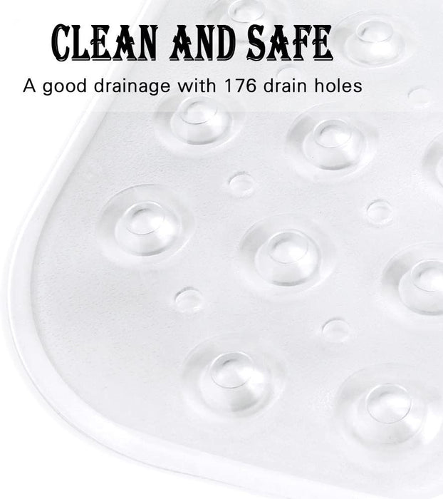 Bath and Shower Safety Mats 40x16 inch, Non Slip with Suction Cups for Bathroom Stall and Tub Floor, Extra Large and Machine Washable, Drain Holes Keep Bathtub Clean, Clear