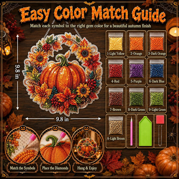 Autumn Harvest Pumpkin Diamond Art Hanging Ornament Kit, Halloween Diamond Art Hanging Kits, DIY Diamond Art Hanging Sign, Acrylic Diamond Painting Window Hanging Decor for Home, Garden,Porch,Mantel