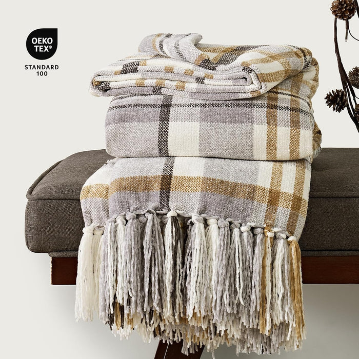 Plaid Chenille Knit Throw Blanket, 50"x60", Grey & Beige