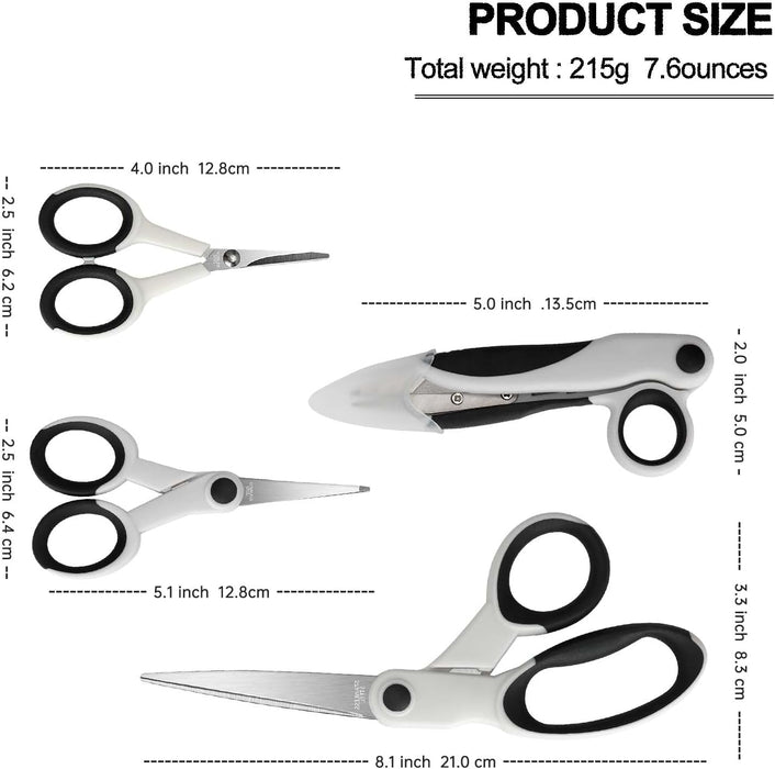 Premium Sewing Scissors Bundle, 8" Heavy Duty Fabric, 5" Embroidery, 4" Small Detail Scissors, 5" Thread Snips, Tailorin