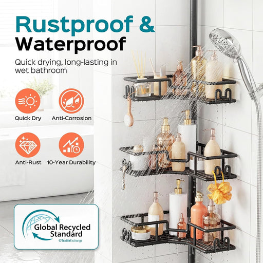 Shower Caddy Tension Pole: 4-Tier Adjustable Corner Organizer Black