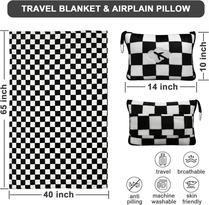 Travel Blanket and Pillow Compact, Premium Soft 2 in 1 Airplane Blanket with Soft Bag Pillowcase，Hand Luggage Sleeve and