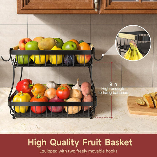 2-Tier Fruit Basket with Banana Hangers, Detachable Metal Bowl