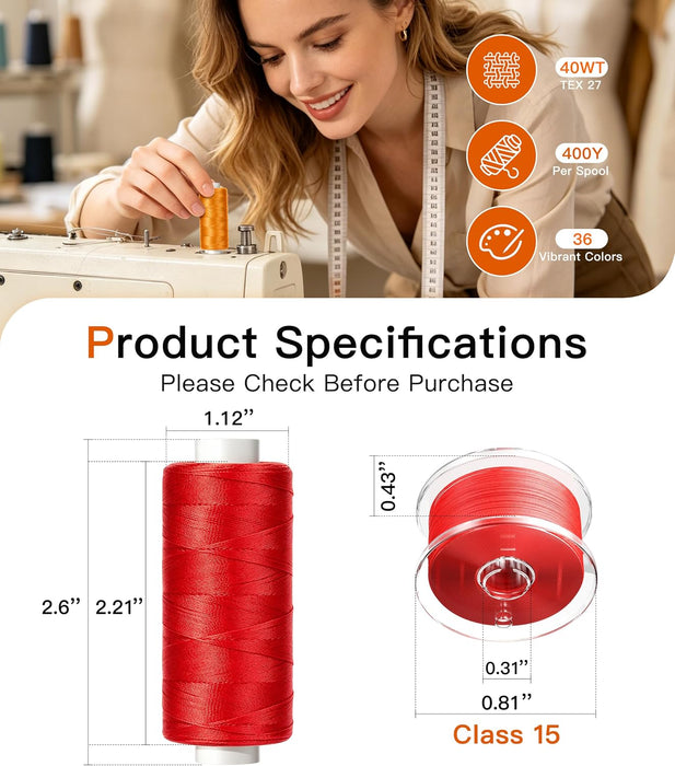 72Pcs Professional Sewing Thread Kit 36 Colors, [Max Strength & Low Lint] All Purpose Sewing Thread with Prewound Bobbin