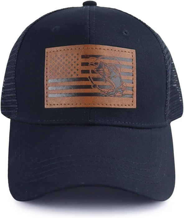 American Flag with Bass Trucker Hats for Men, Adjustable Leather Patch Mesh Fishing Baseball Cap
