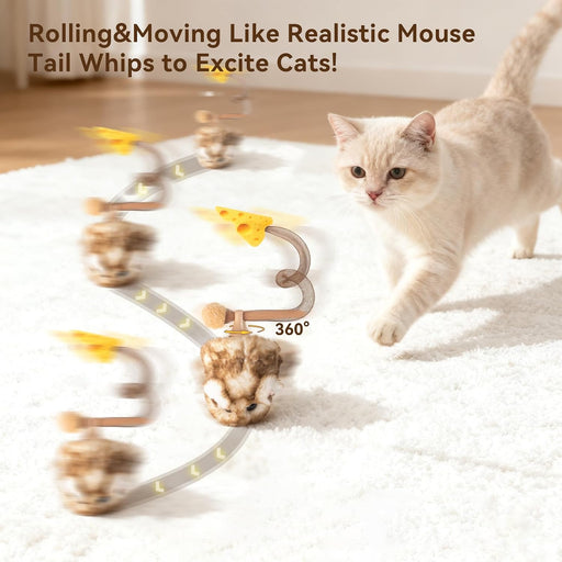 Interactive MigiMouse Cat Toy 360° Rolling & Spin with Mesh Plastic Tail for Indoor Cats Smart Motion Sensor, Realistic 