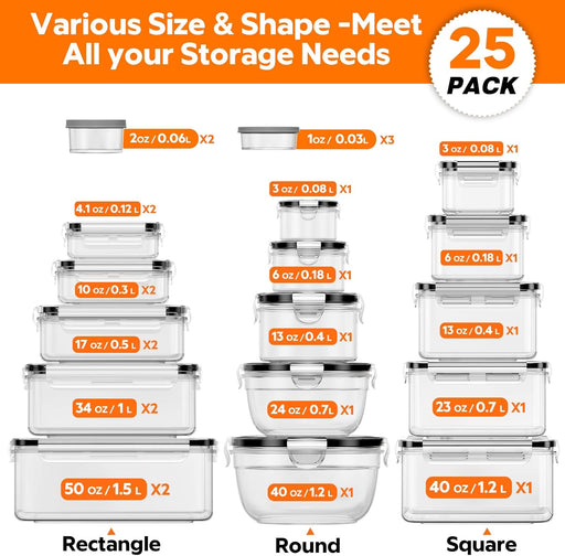 50 PCS Food Storage Containers with Lids BPA-Free (25 Containers & 25 Lids)