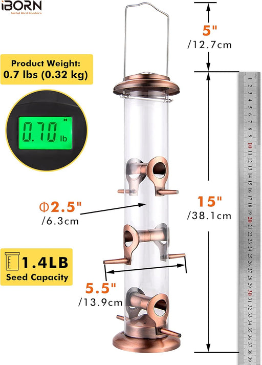 Bird Feeders for Outdoors 15" 6 Ports Chew-Resistant, Copper, 1PK