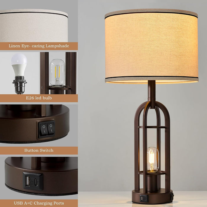 24" Farmhouse Table Lamps for Living Room Bedroom Set of 2, USB A+C