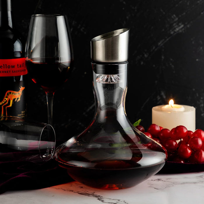 Wine Decanter,Red Wine Carafe,Decanter with Built-in Aerator Pourer, 100% Hand Blown Lead-free Crystal Glass with Stainless Steel Pourer Lid, Filter, Wine Gifts for Men