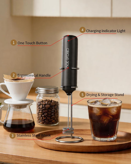 Rechargeable Milk Frother Handheld with Stand, Dual Coil Whisk Head Electric Coffee Frother, Portable Hand Frother Wand Drink Mixer for Matcha Lattes Cappuccino, Kitchen Gifts, Black