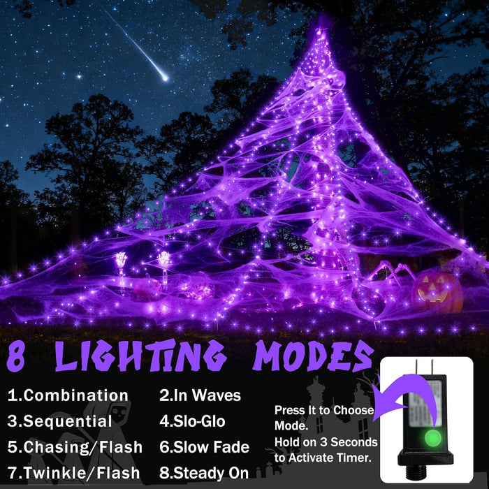 Spider Web Lights for Halloween Decorations Outdoor - 616 LEDs, 8 Lighting Modes, 16.4 Ft Light Up Giant Spider Webs (Purple)