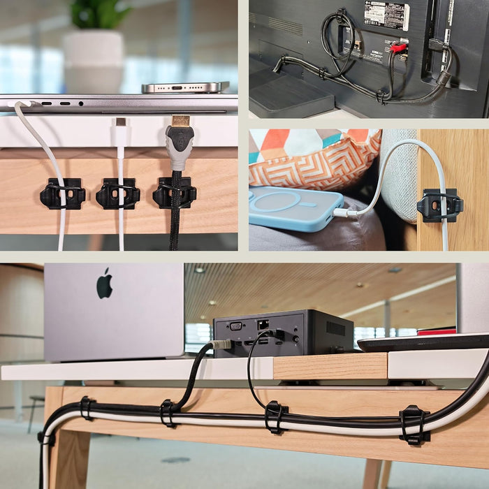 [Made in the UK] 10-Pack Adjustable Elastic Adhesive Cable Clips, Wire Management Holder, Cord Organizer for Home Office