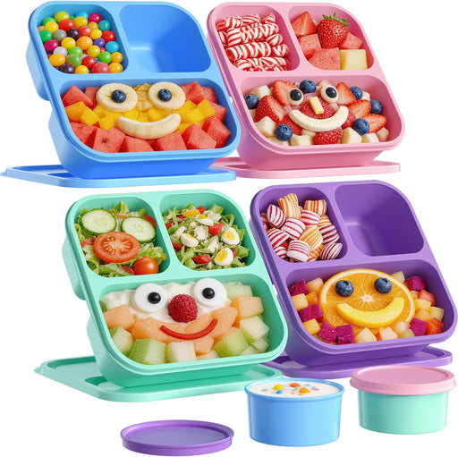 4 Pcs Bento Box Set, Reusable 3 Compartments Snack Boxes with 2 Leakproof Small Containers, Stackable Meal Prep Lunch Co