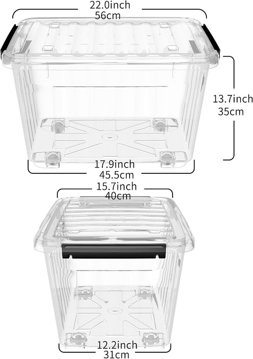60Qt*4 Plastic Storage Bins, Storage Box, 4 Pack, Organizing Container with Wheels, Durable Lids and Secure Latching Buckles, Stackable and Nestable, Clear with Black Buckle