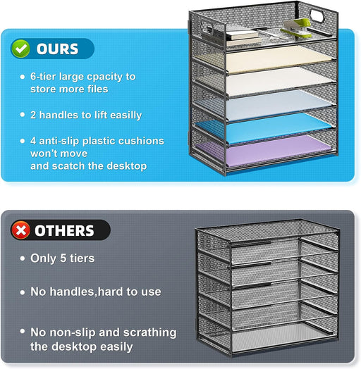 6 Tier Paper Organizer Letter Tray - Mesh Desk File Organizer with Handle, Paper Sorter Organizer for Letter/A4 Office F