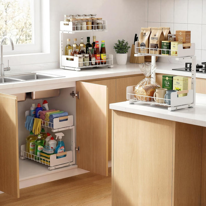 Under Sink Organizer Kitchen, 2-Tier Pull-Out Cabinet Shelf, 2-Pack