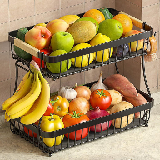 2-Tier Fruit Basket with Banana Hangers, Detachable Metal Bowl