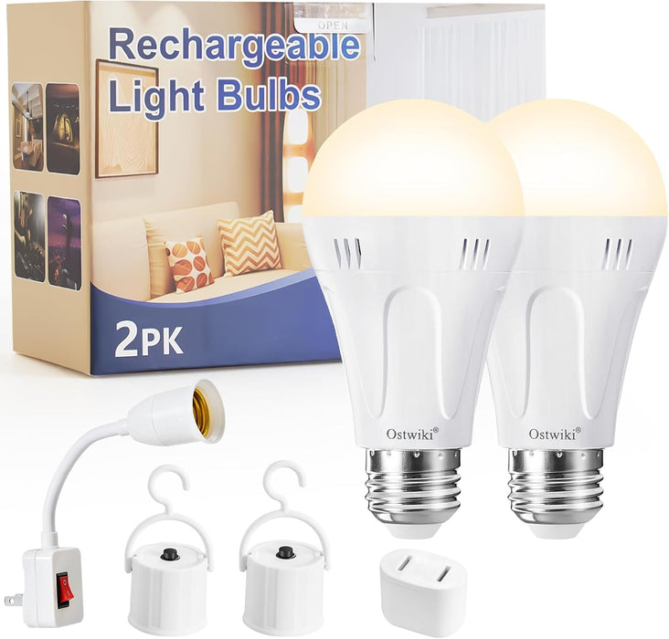 2 Pack Rechargeable Light Bulbs, A19 E26 9W 3000K Warm