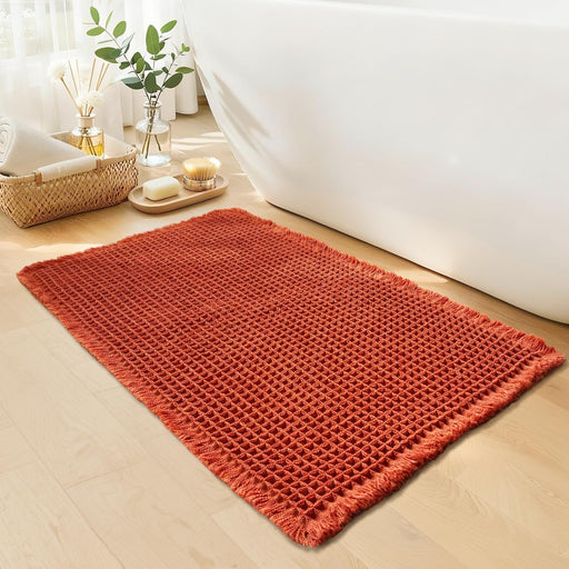 Burnt Orange Bathroom Rug, Fall Waffle Bath Mat Non Slip, 18" x 30"